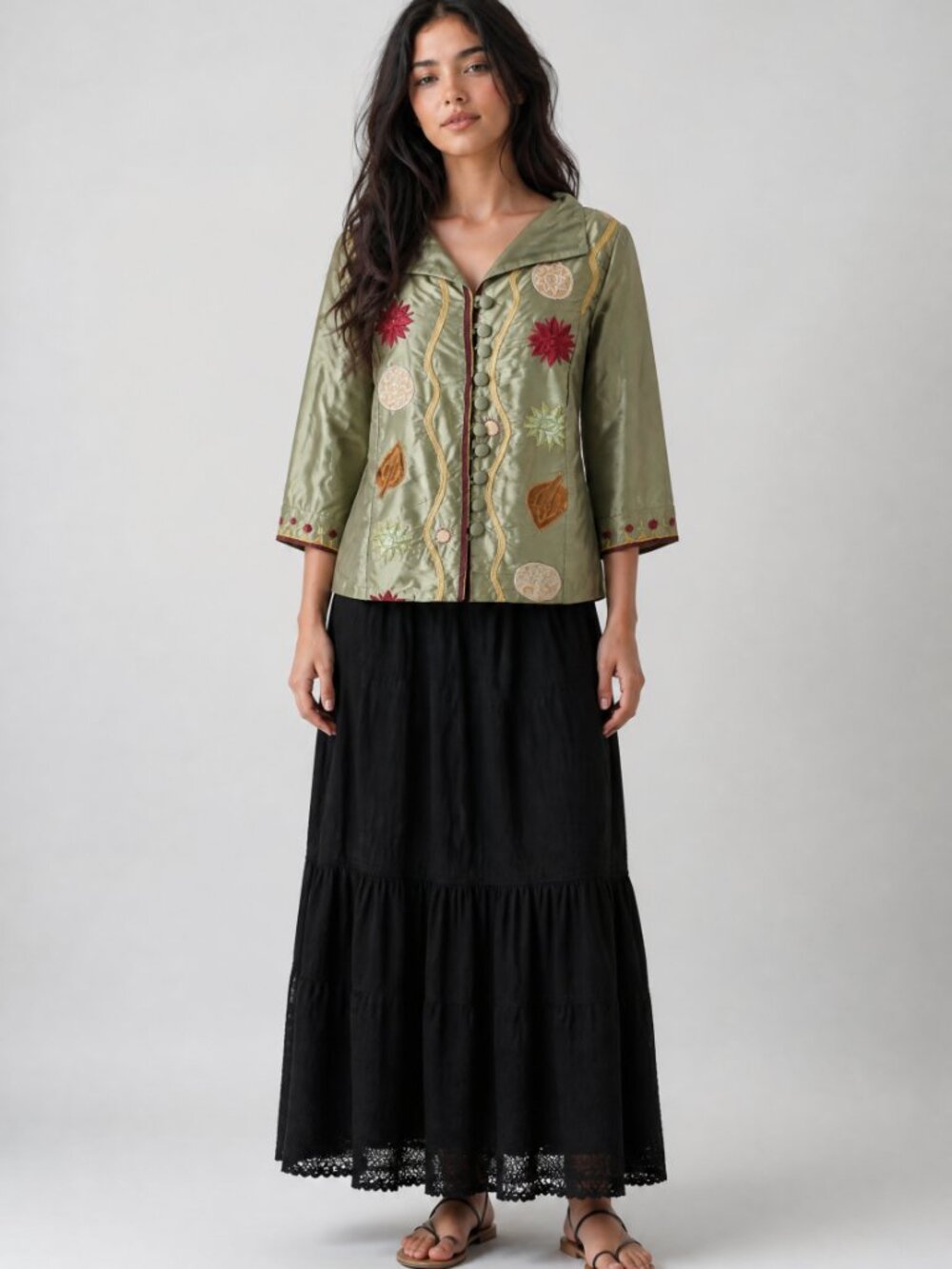 Seta Sage Green Artsy Boho Silk Jacket with Embroidery and Velvet Applique XL